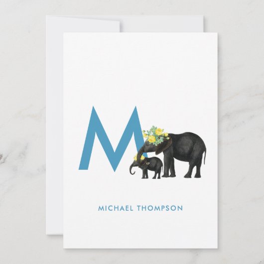 Elephant Blue Baby Boy Initial Baptisse Christenin Einladung (Rückseite)