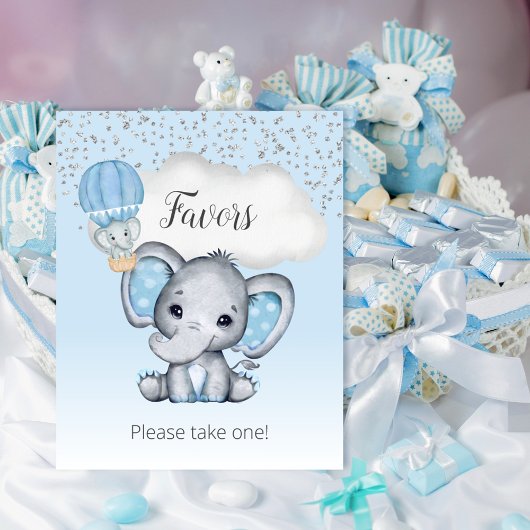 Elephant Blue Balloon Baby Shower Favorit Schild