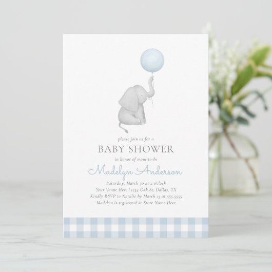 Elephant Blue Balloon Boy Baby Shower Einladung (Stehend Vorderseite)