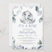 Elephant Blue Boy Baby Dusche Aquarell Einladung (Vorderseite)