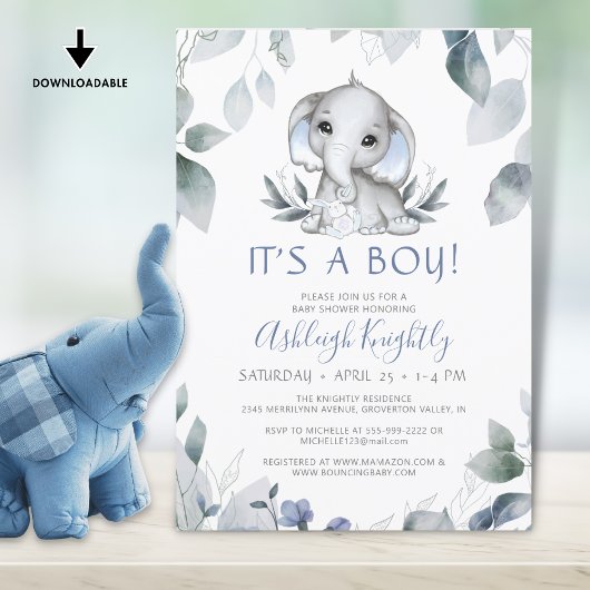 Elephant Blue Boy Baby Dusche Aquarell Einladung