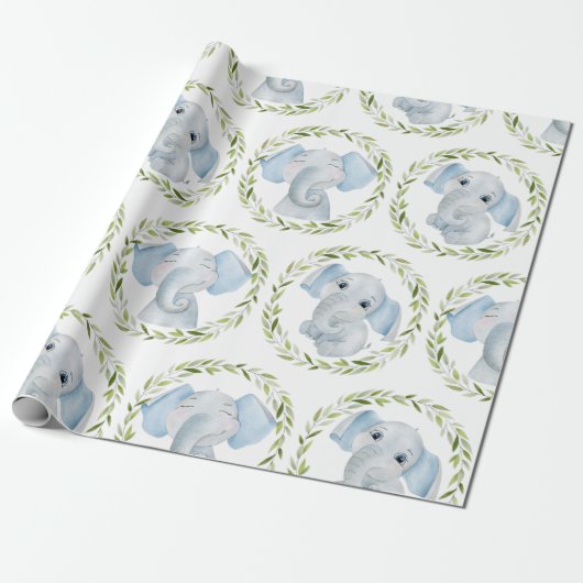 Elephant Blue Boy Baby Shower Geschenkpapier (Ungerollt)