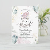 Elephant Blue Butterflies Pink Baby Dusche Einladung (Stehend Vorderseite)