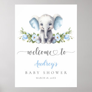 Elephant Blue Floral Baby Boy Dusche Willkommen Poster