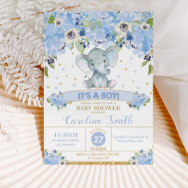 Elephant Blue Floral Baby Shower Baby Boy Einladung