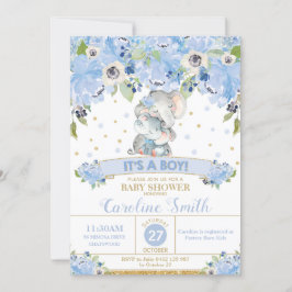 Elephant Blue Floral Baby Shower Boy Mama und Baby Einladung