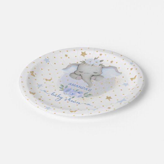 Elephant Blue Floral Boho Baby Boy Dusche Pappteller (Schrägansicht)