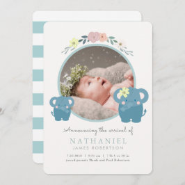 Elephant Blue Floral Boy Foto Geburtserklärung Einladung