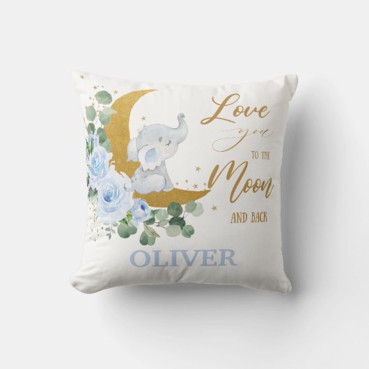 Elephant Blue Floral Liebe Sie zum Mond und zurück Kissen (Vorderseite)