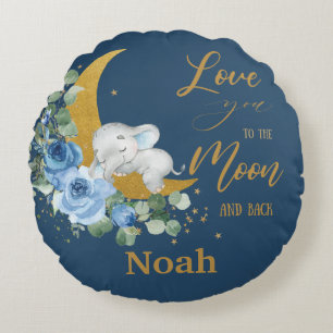 Elephant Blue Floral Liebe Sie zum Mond und zurück Rundes Kissen