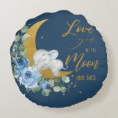 Elephant Blue Floral Liebe Sie zum Mond und zurück Rundes Kissen (Rückseite)