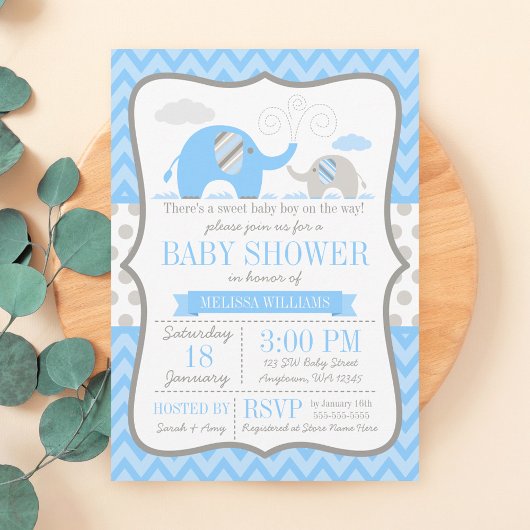 Elephant Blue Gray Baby Shower Einladungen