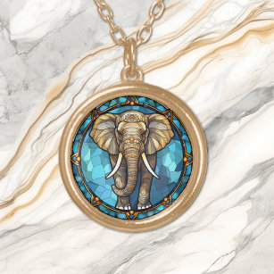Elephant Blue Mosaic Stainglas Vergoldete Kette