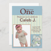 Elephant Blue Stripe Baby Geburtstag Foto Einladung (Vorne/Hinten)