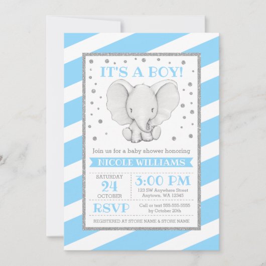 Elephant Blue Stripes Boy Baby Shower Einladungen (Vorderseite)
