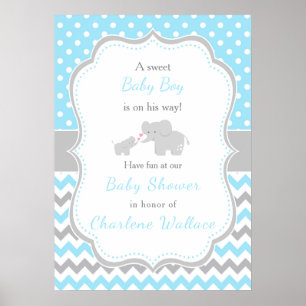 Elephant Blue und Gray Baby Dusche Poster