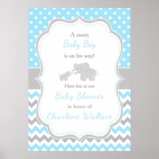 Elephant Blue und Gray Baby Dusche Poster (Vorne)
