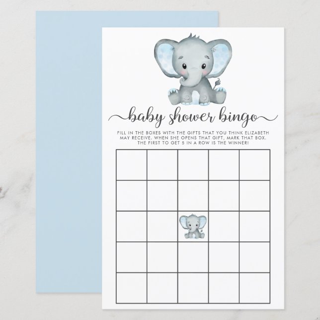 Elephant Blue Watercolor Baby Bingo Showspiel (Vorne/Hinten)