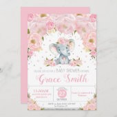 Elephant Blush Floral Baby Dusche Silver Glitzer Einladung (Vorne/Hinten)