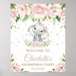 Elephant Blush Pink Floral 1. Geburtstag Willkomme Poster
