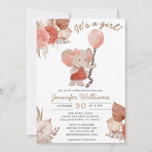 Elephant Boho Floral Baby Shower Girl Einladung (Vorderseite)