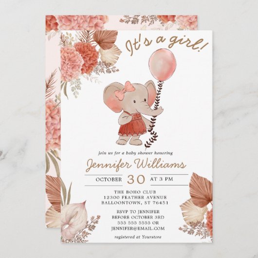 Elephant Boho Floral Baby Shower Girl Einladung (Vorne/Hinten)