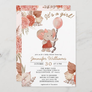 Elephant Boho Floral Baby Shower Girl Einladung