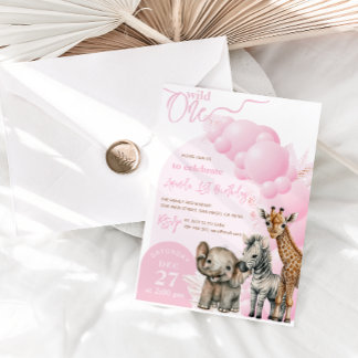 Elephant Boho Pink Balloon Girl 1. Geburtstag Foto Einladung