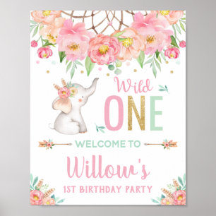 Elephant Boho Pink Floral 1. Geburtstag Willkommen Poster