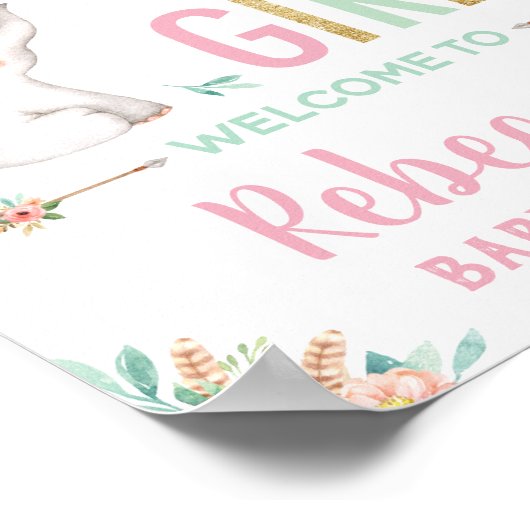 Elephant Boho Pink Floral Baby Duschmädchen Willko Poster (Ecke)