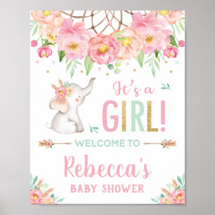 Elephant Boho Pink Floral Baby Duschmädchen Willko Poster