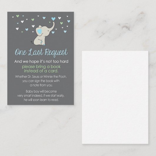 Elephant Book Request Card, Elephant Baby Dusche Begleitkarte (Vorne/Hinten)
