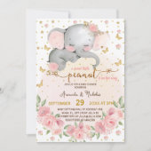 Elephant Botanical Blush Pink Baby Girl Dusche Einladung (Vorderseite)