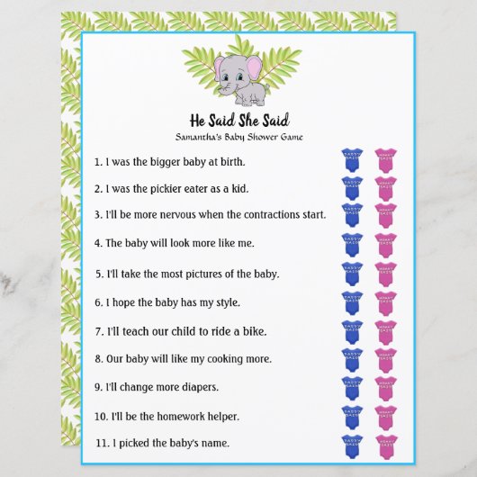 Elephant Boy Baby Dusche sagte er sagte, sie sagte (Vorne/Hinten)