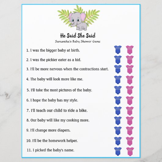 Elephant Boy Baby Dusche sagte er sagte, sie sagte (Vorderseite)