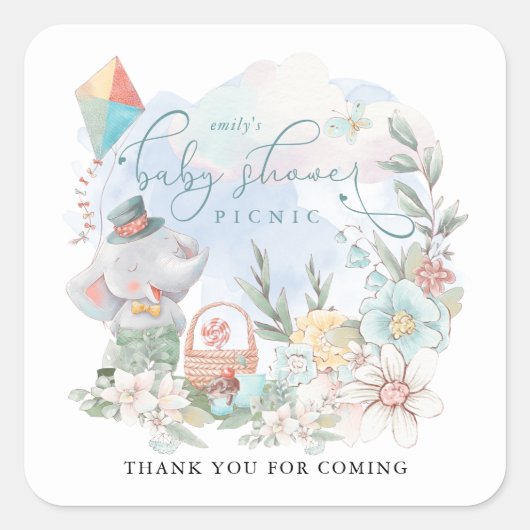 Elephant Boy Baby Shower Picnic Florals Vielen Dan Quadratischer Aufkleber (Vorderseite)