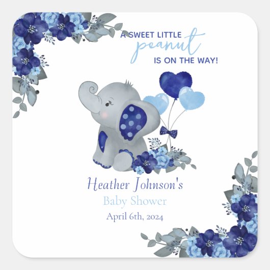 Elephant Boy Baby Shower Quadratischer Aufkleber (Vorderseite)