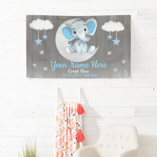 Elephant Boy Backdrop Moon Stars Blauer Name Banner (Insitu)