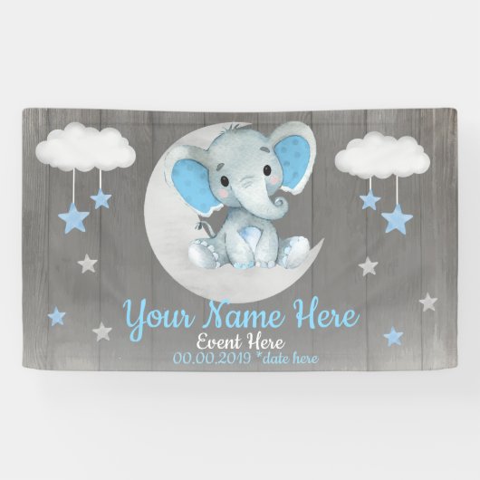Elephant Boy Backdrop Moon Stars Blauer Name Banner (Horizontal)