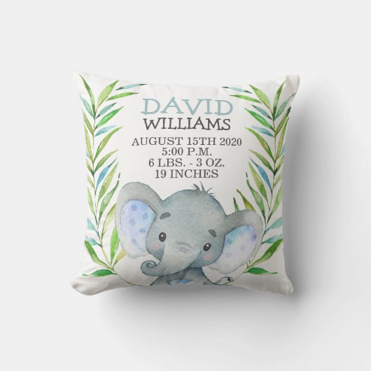 Elephant Boy Birth Stats Jungle Safari Kinderzimme Kissen (Vorderseite)