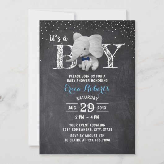 Elephant Boy Rustic Chalkboard Baby Dusche Einladung (Vorderseite)
