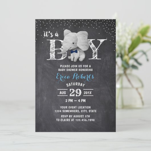 Elephant Boy Rustic Chalkboard Baby Dusche Einladung (Stehend Vorderseite)