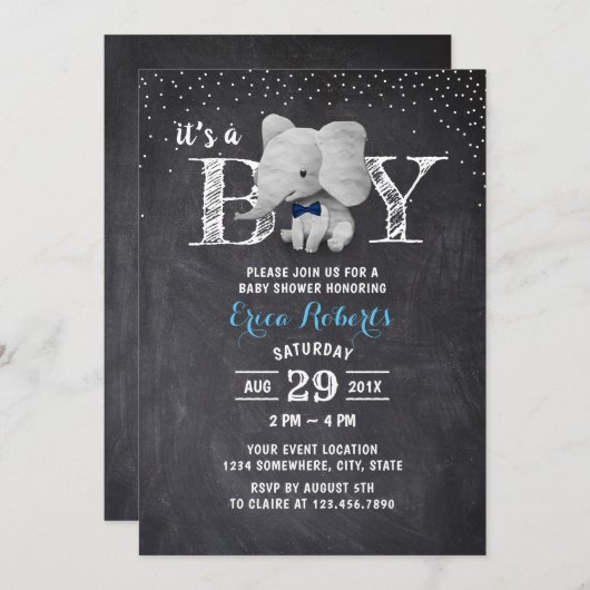 Elephant Boy Rustic Chalkboard Baby Dusche Einladung (Vorne/Hinten)