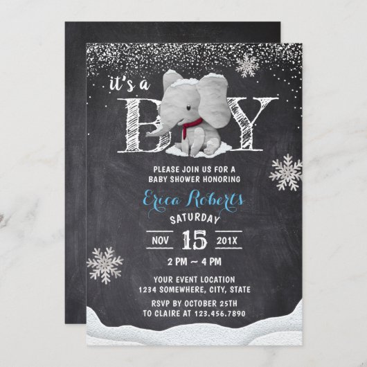 Elephant Boy Rustic Winter Snowflakes Babydusche Einladung (Vorne/Hinten)