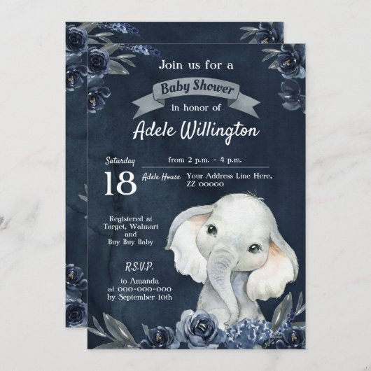Elephant Boy Watercolor Floral Navy Blue Baby Einladung (Vorne/Hinten)