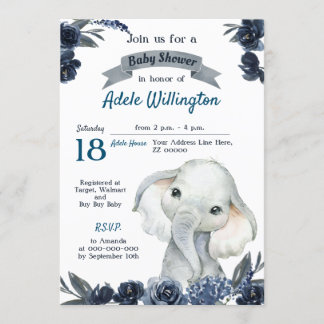 Elephant Boy Watercolor Floral Navy Blue Baby Invi Einladung