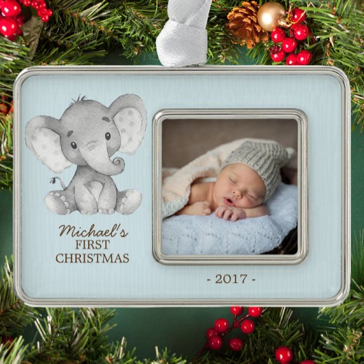 Elephant Boys Babys Erstes Weihnachtsgebäck Foto Rahmen-Ornament Silber