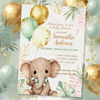 Elephant Brown Sage Green Balloons Baby Shower Folieneinladung