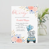 Elephant Car, Balloons Blumenbaby-Dusche Einladung (Stehend Vorderseite)