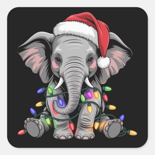 Elephant Christmas Lights Xmas Holiday Wild Animal Quadratischer Aufkleber (Vorderseite)